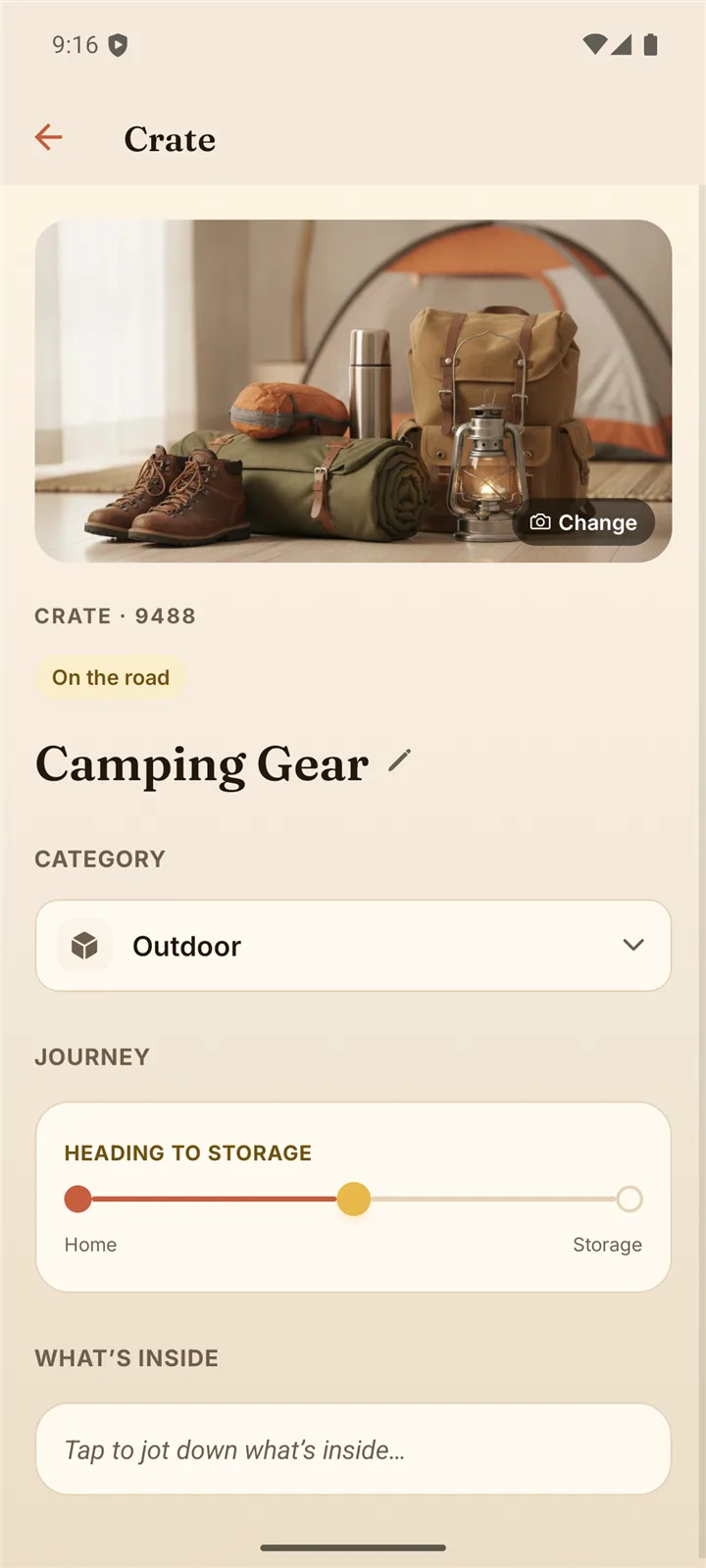 Attic app crate detail screen: a Camping Gear crate with photo, category, and a journey tracker from home to storage