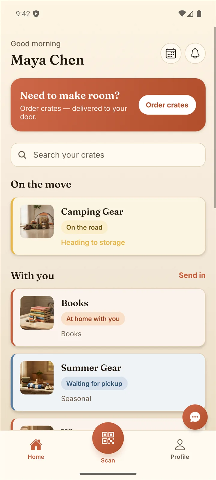Attic app home screen: your crates at a glance, each with a photo and live status like 'heading to storage' or 'at home with you'