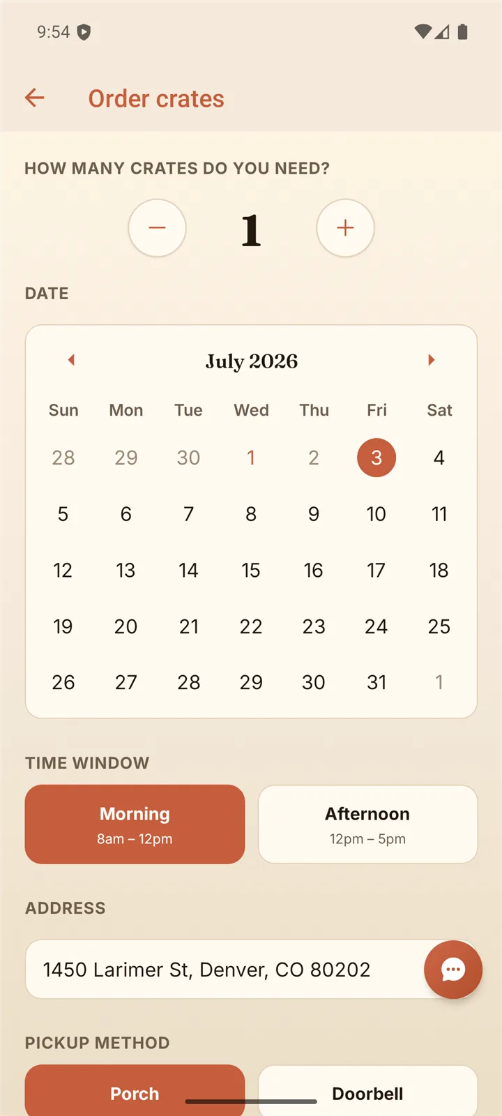 Order crates screen: choose a crate count, pick a date on the calendar, and select a morning or afternoon pickup window