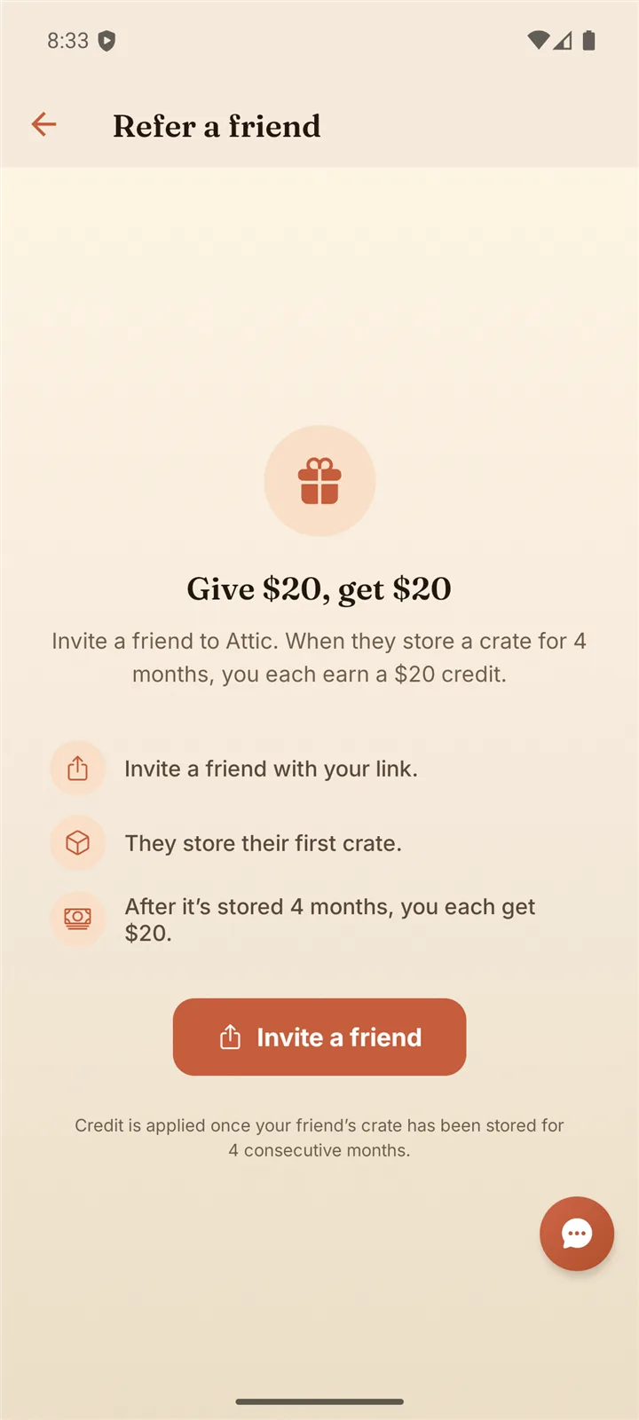 Refer a friend screen: give $20, get $20 when a friend stores their first crate