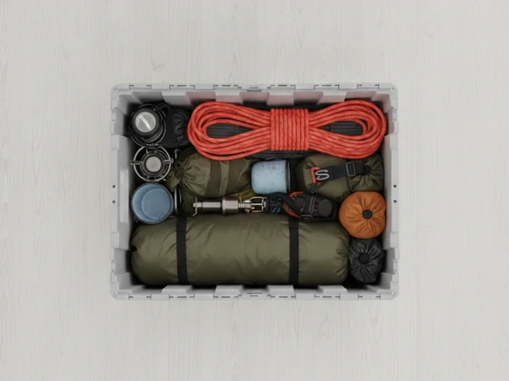 A crate packed with camping gear