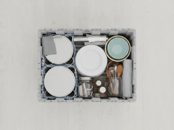 A crate packed with kitchen things