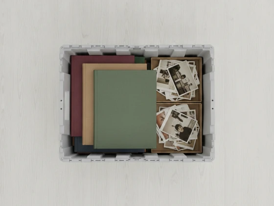 A crate packed with photo albums